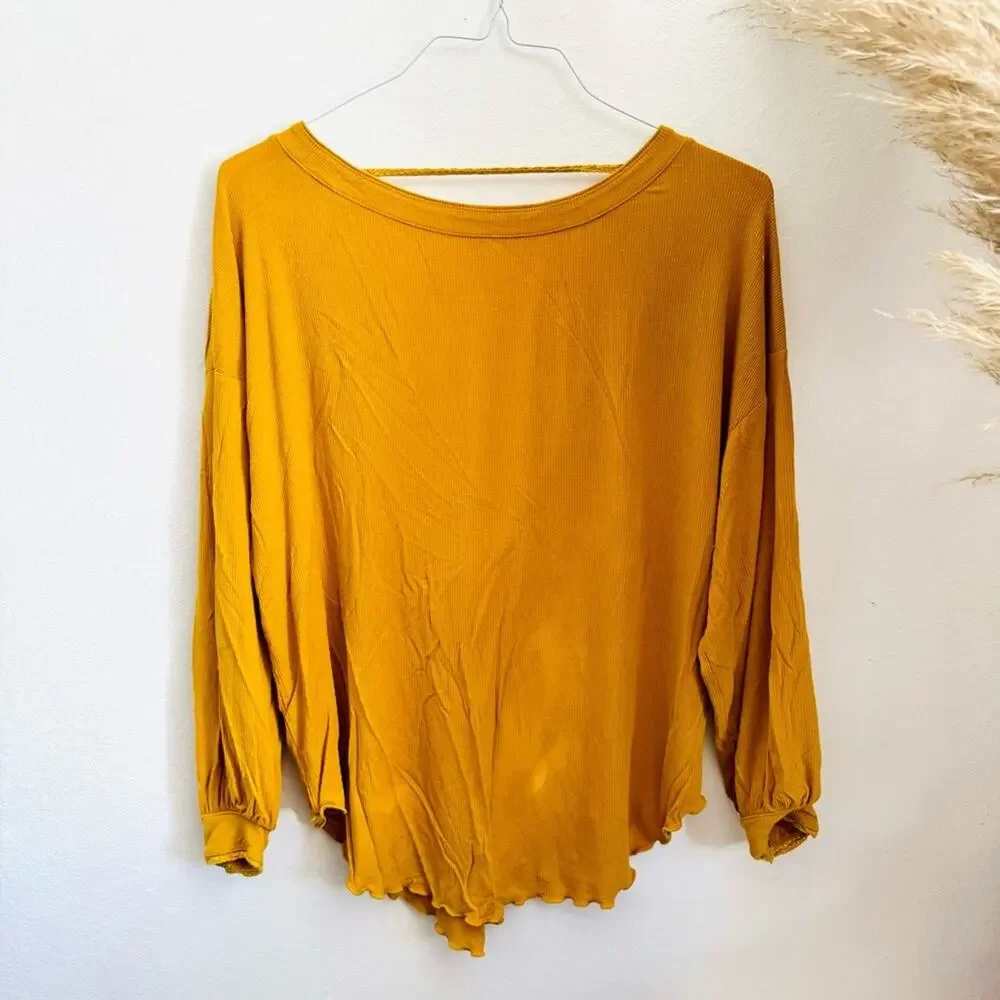 FP FREE PEOPLE Gold Mustard Ruffle Knit Open Back Balloon Sleeve Blouse Top XS
